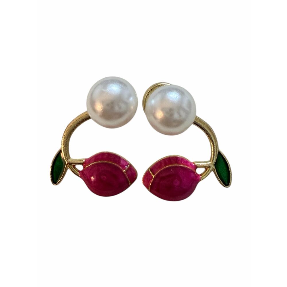 Pink Rose and Pearl 2-Piece Gold Plated Ear Jacket Earrings